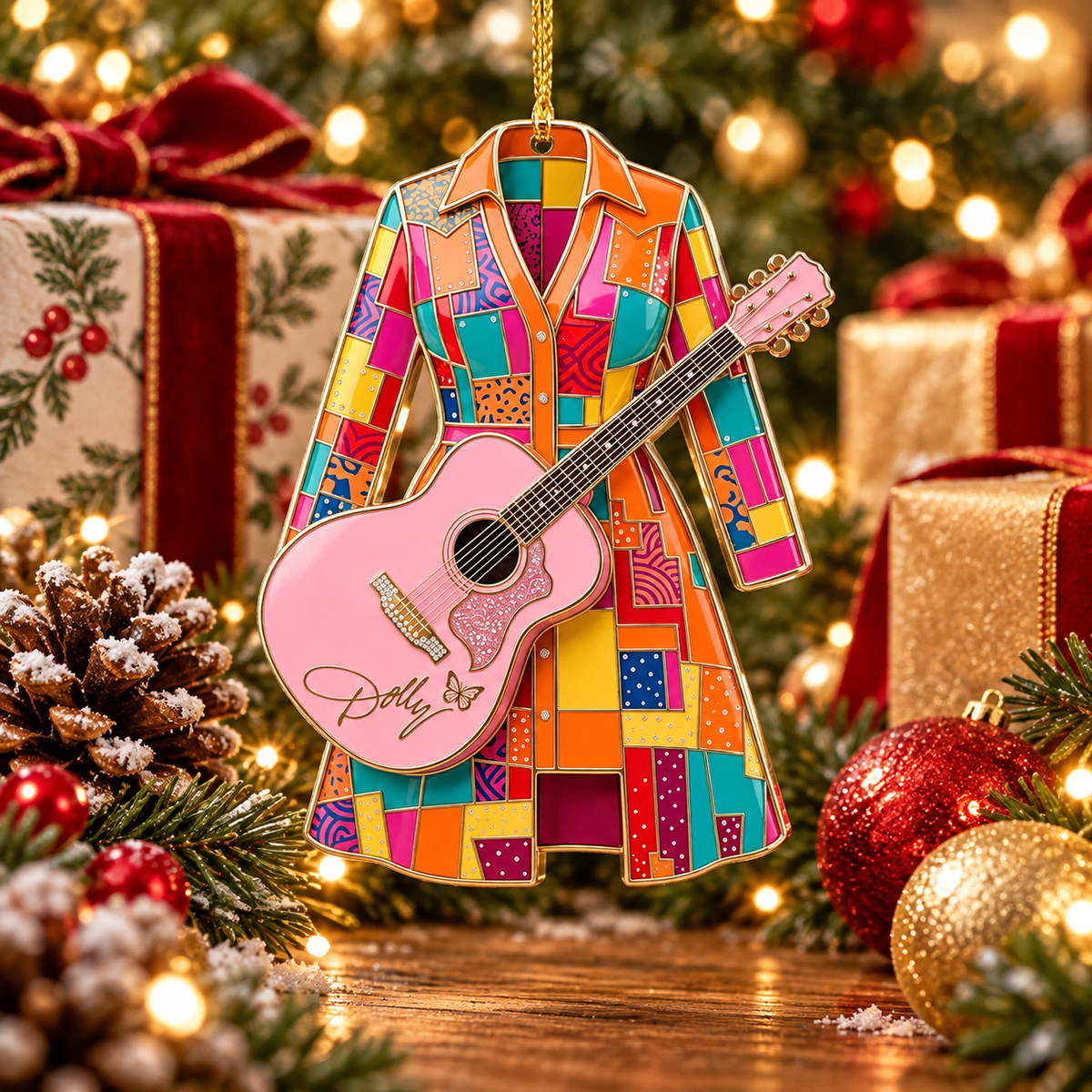 Custom Name Pink Guitar Acrylic Ornament, Christmas Ornaments, Country Music Gifts