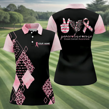 Peace Love Cure Women's Golf Shirt, Breast Cancer Awareness Shirt, Pink Leopard Golf Shirt, Golf Gift For Women