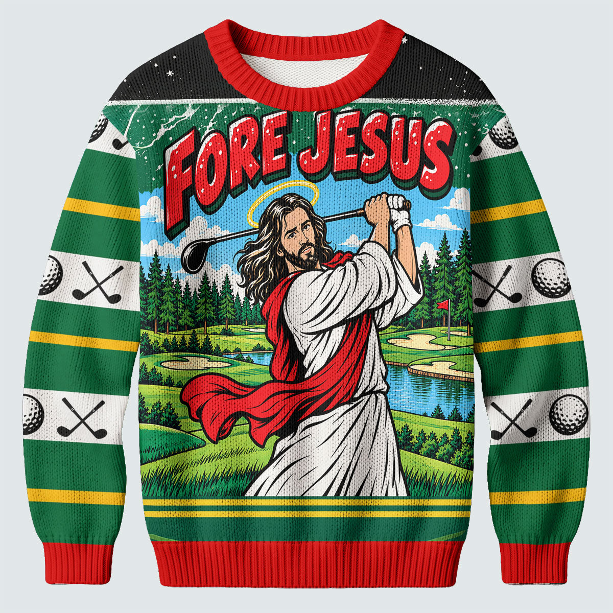Fore Jesus Golf Swing Ugly Christmas Sweater, Funny Xmas Gift, Christmas Party Outfit