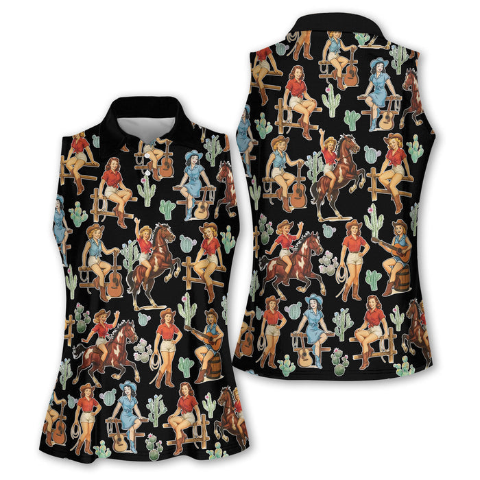 Cowgirl Sleeveless Womens Golf Shirts, Western Golf Shirts Women, Black Golf Shirt, Women Golf Top