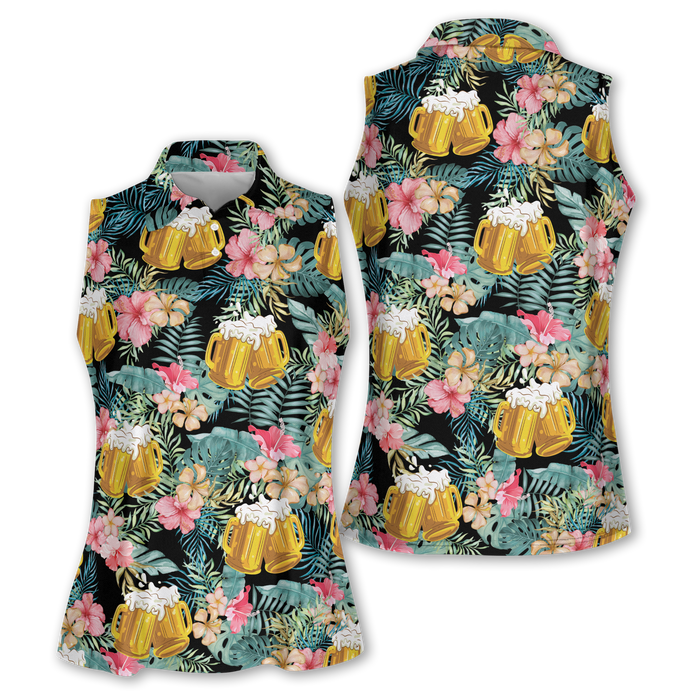 Beer Tropical Womens Golf Polo Shirt Hawaiian Polo Golf Shirts, Gifts For Beer Lovers, Tropical Golf Shirts