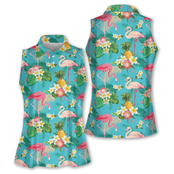 Flamingo Tropical Sleeveless Polo Shirtns, Women's Hawaiian Golf Shirts, Sleeveless Womens Golf Shirts
