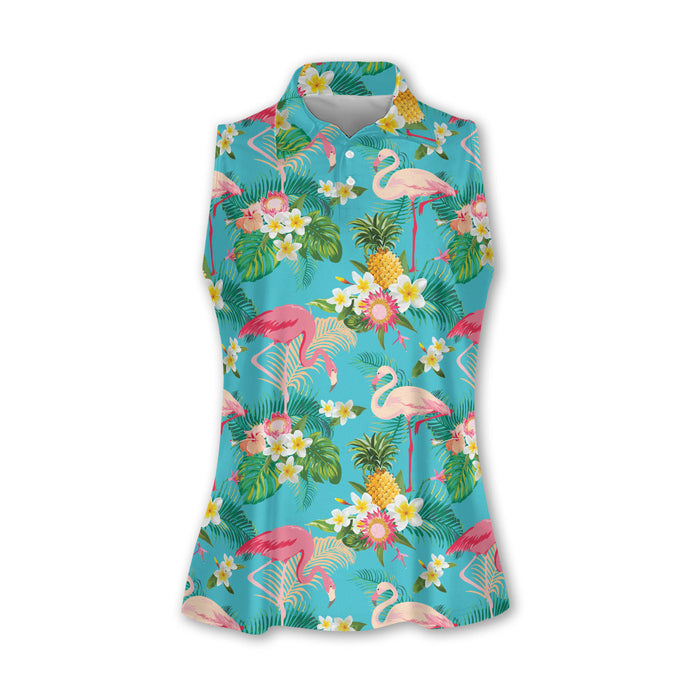 Flamingo Tropical Sleeveless Polo Shirtns, Women's Hawaiian Golf Shirts, Sleeveless Womens Golf Shirts