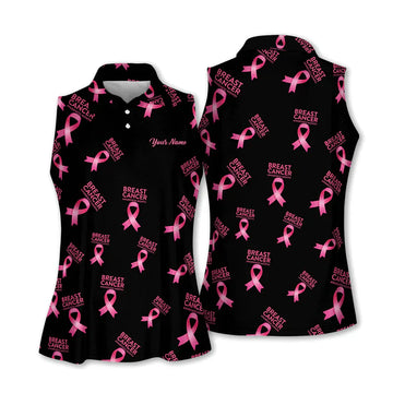 Breast Cancer Awareness Pink Ribbon Womens Sleeveless Golf Shirts, Custom Breast Cancer Golf Shirt, Ladies Golf Polos