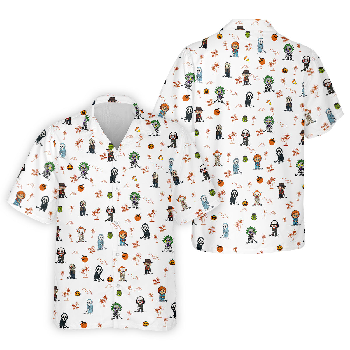 Horror Halloween Character Tropical Golf Shirt, Halloween Polo Shirt Mens White Polo, Golfing Apparel