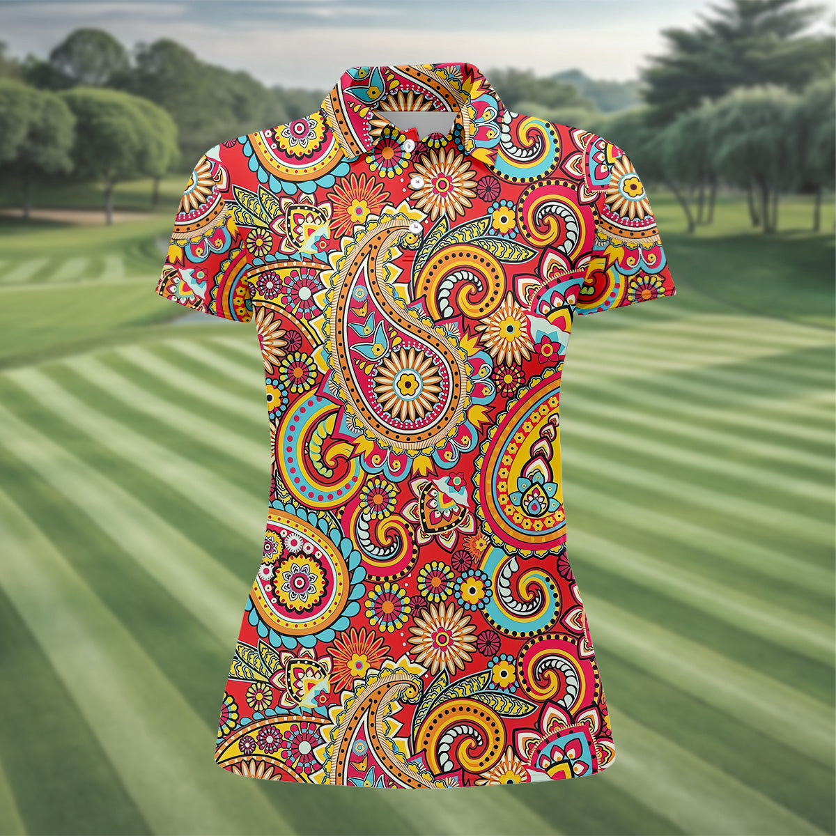 Red Paisley Seamless Pattern Women Golf Top, Golf Shirt For Women, Women's Polo Shirt