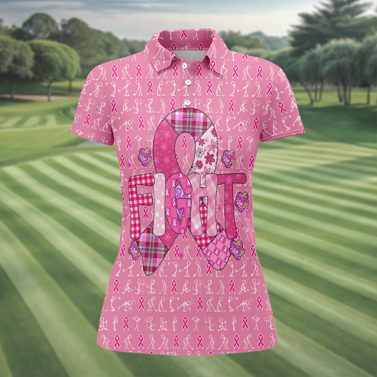 Funny Stick Figure Women's Golf Shirt, Breast Cancer Awareness Shirt, Ladies Golf Polos, Golfing Apparel