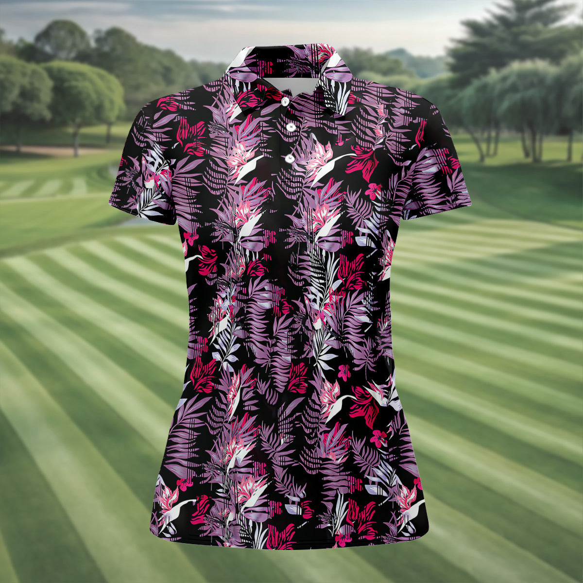 Purple And Black Tropical Golf Shirts, Sleeveless Women's Golf Shirts, Ladies Golf Polos