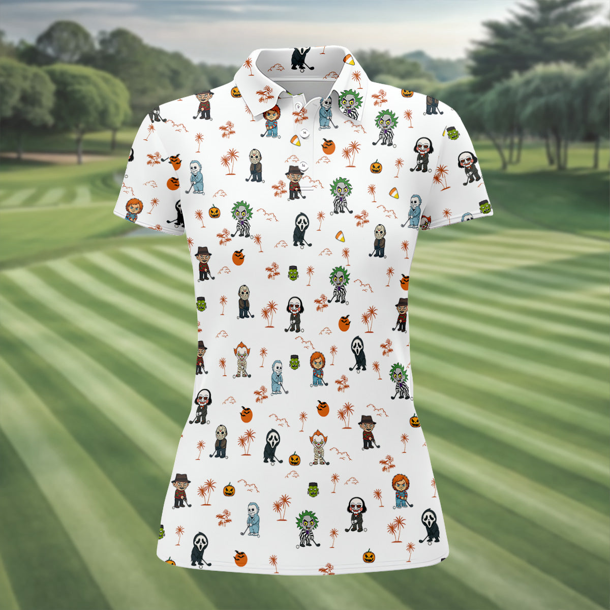 Horror Halloween Character Women's Hawaiian Golf Shirts, Womens Golf Tops, Horror Movie Shirt