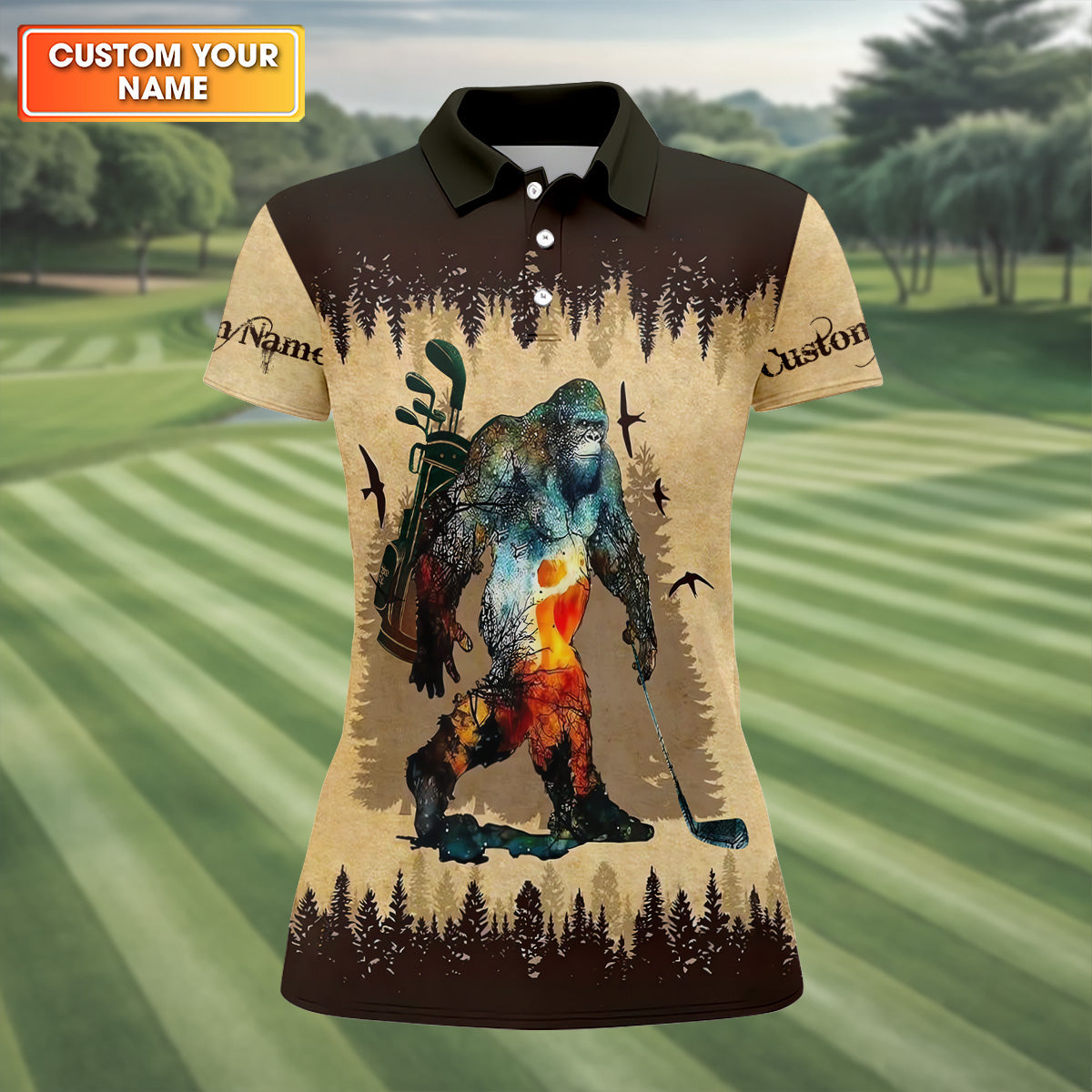 Not All Who Wander Are Lost Funny Bigfoot Brown Golf Shirt, Womens Golf Shirts, Ladies Golf Polos