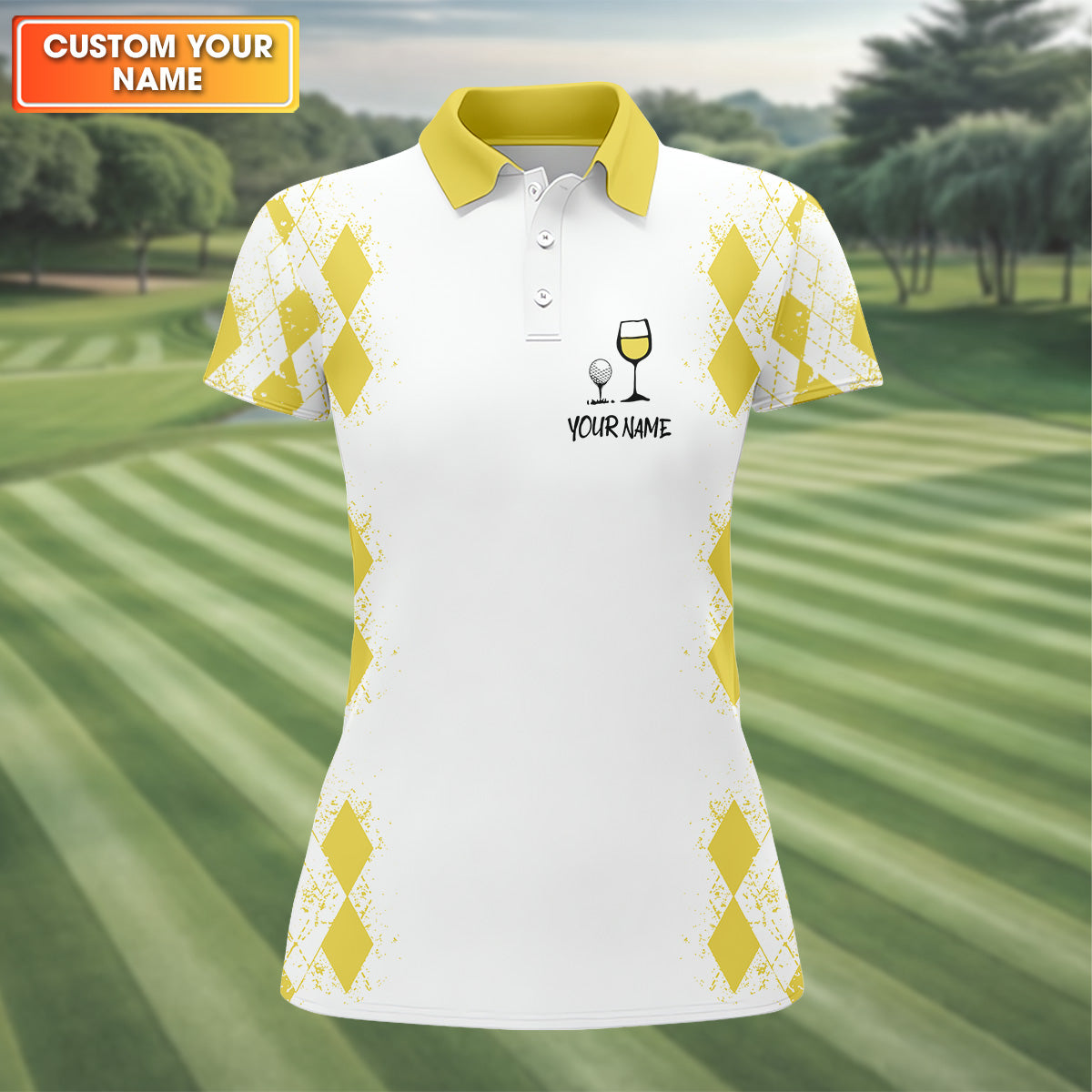 Swing Swear Drink Repeat Lemon Yellow Argyle Golf Shirt, Fun Womens Golf Shirts, Ladies Golf Shirts