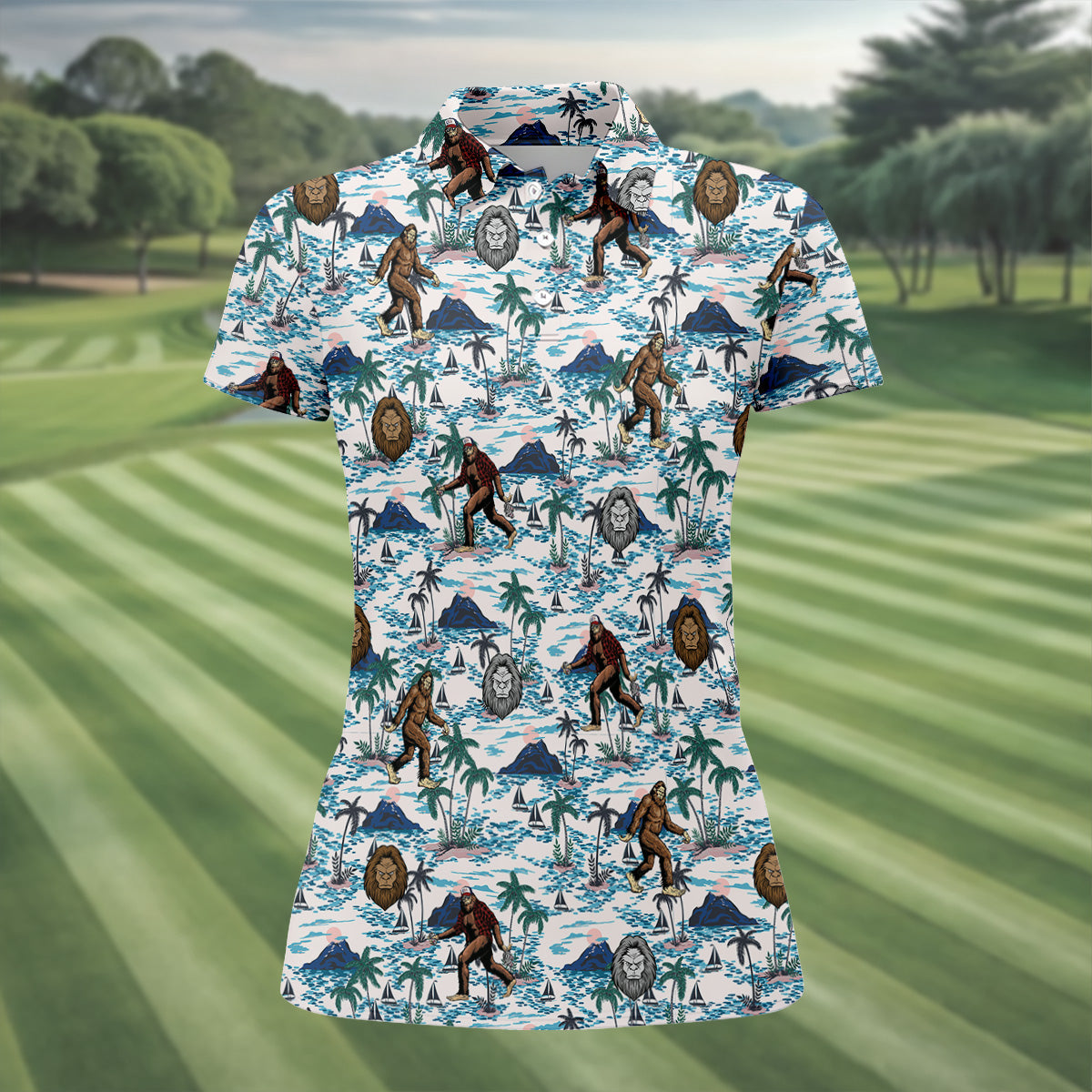 Funny Bigfoot Tropical Golf Shirts, Ladies Golf Shirts, Golfing Apparel, Women's Polo Shirt