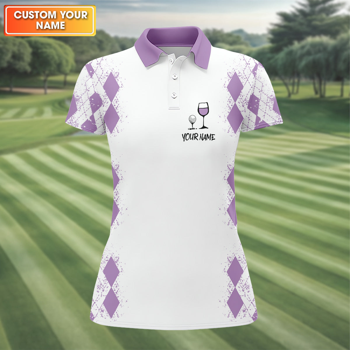 Swing Swear Drink Repeat Purple Argyle Golf Shirt, Fun Womens Golf Shirts, White Polo Women, Ladies Golf Shirts