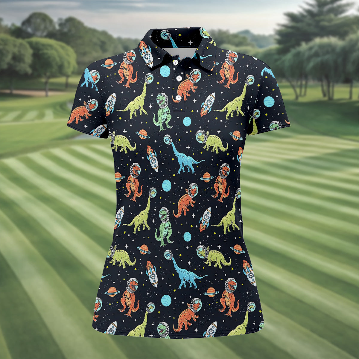 Dinosaur Space Golf Shirt, Women Golf Top, Gifts For Golf Lovers, Golf Gifts For Women, Ladies Golf Shirts