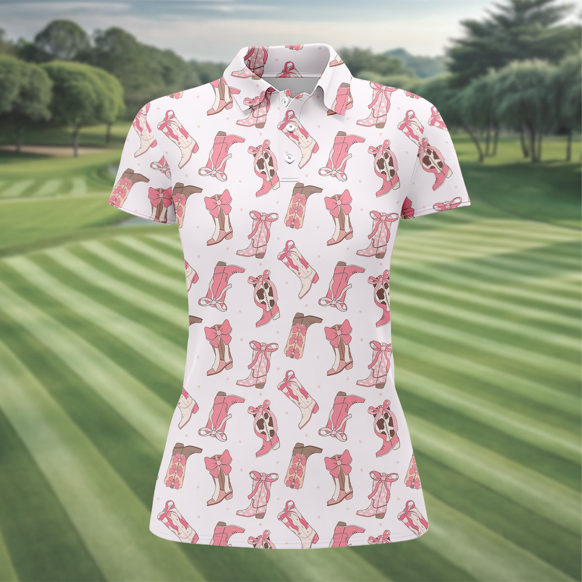 Coquette Bow Cowgirl Boots Womens Golf Shirts, Ladies Golf Shirts, Golfing Apparel