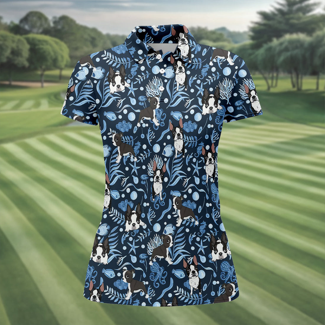 Boston Terrier Ocean Vibe Blue Tropical Golf Shirts, Fun Women's Golf Shirts, Gifts For Dog Lovers