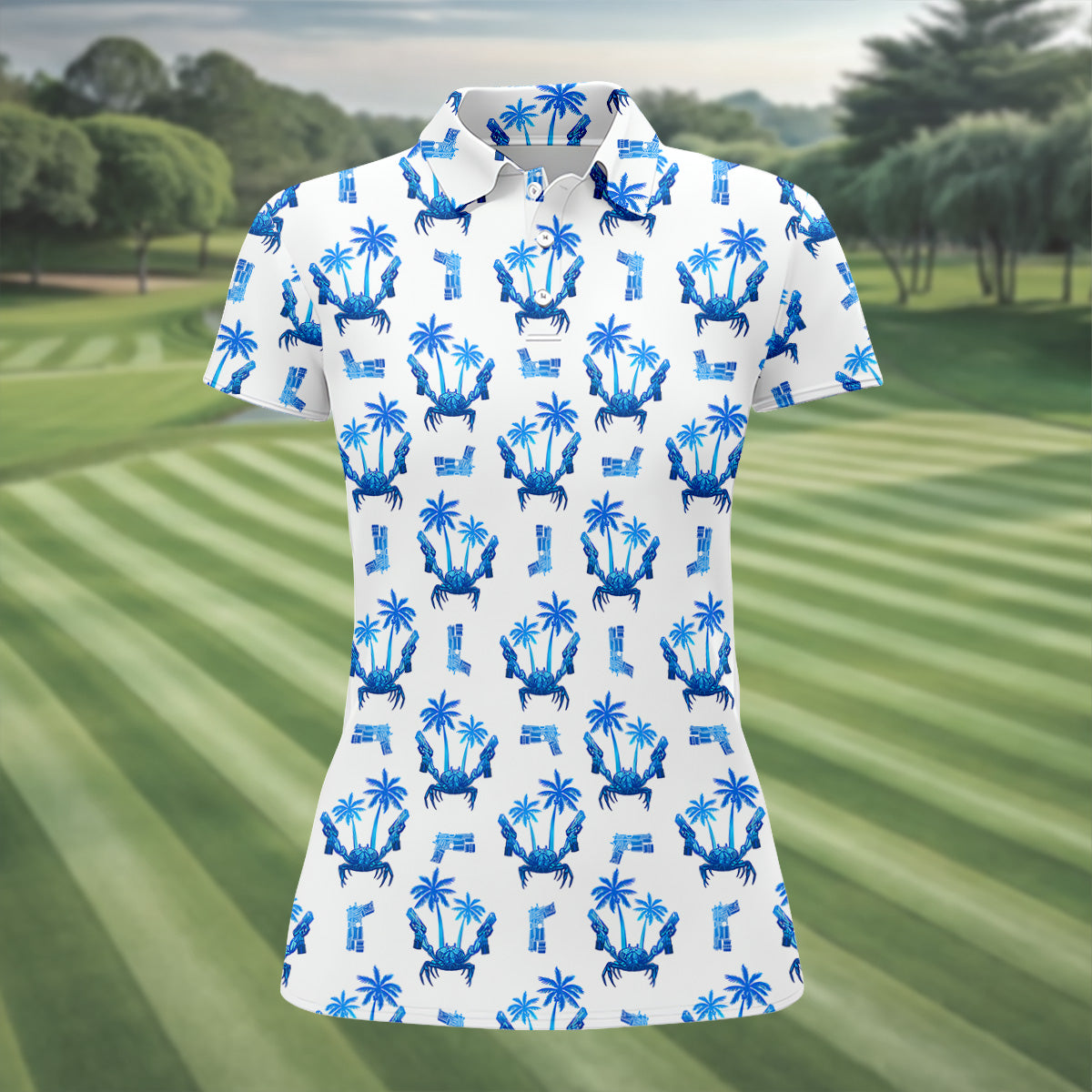 The Blue Crab Tropical Golf Shirts, Ladies Golf Shirts, Golf Gifts For Women, Golfing Apparel