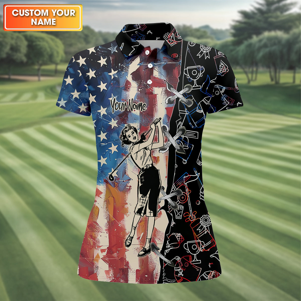 American Lady Retro Golf Shirt, Patriotic Golf Polos, Ladies Golf Shirts, Cool Golf Gift