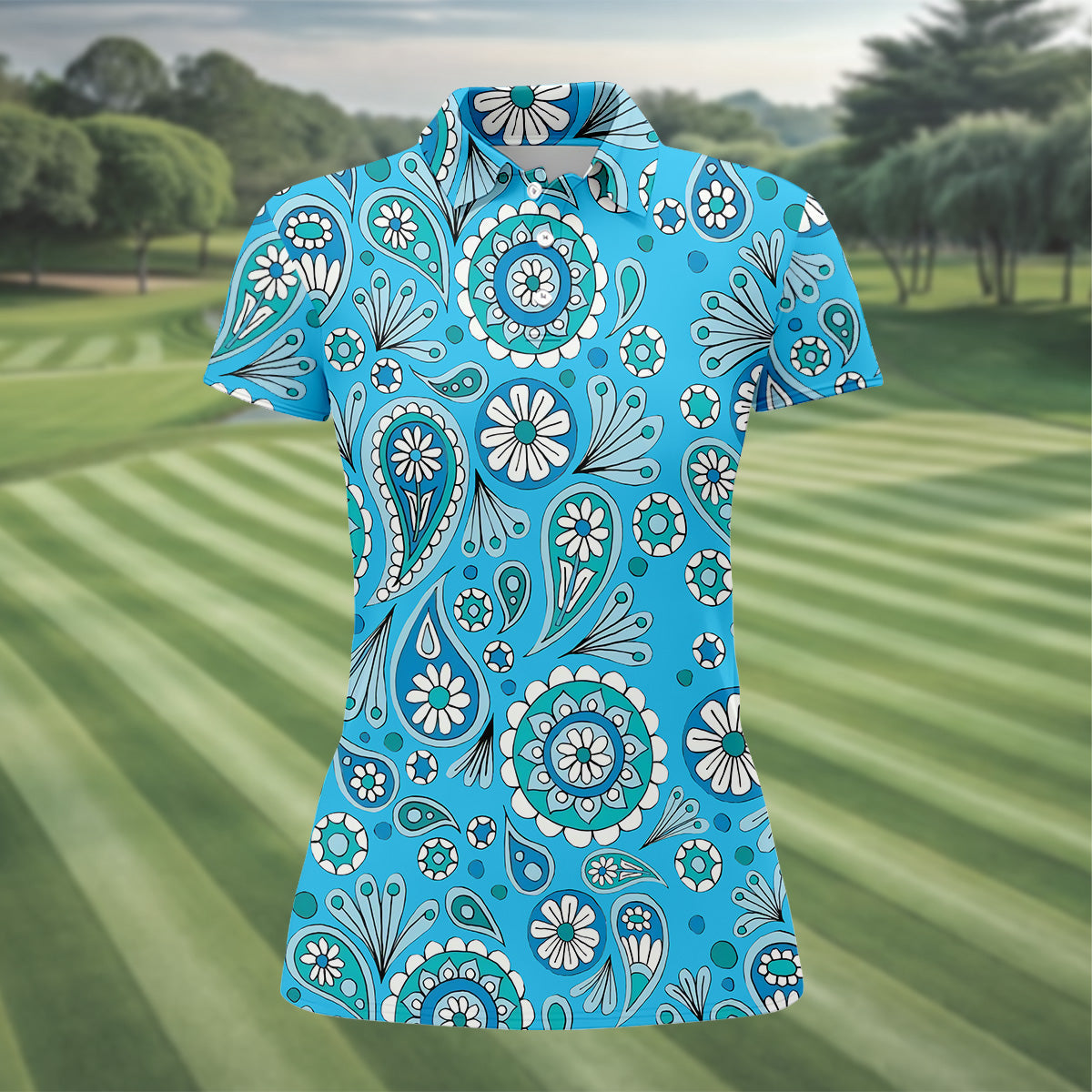 Blue Paisley Seamless Pattern Women Golf Top, Golf Shirt For Women, Ladies Golf Polos