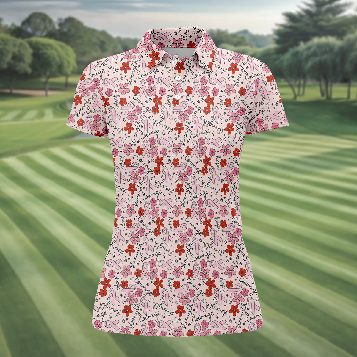 Breast Cancer Awareness Ribbon Floral Shirt Women, Cancer Awareness Shirt, Ladies Golf Shirts