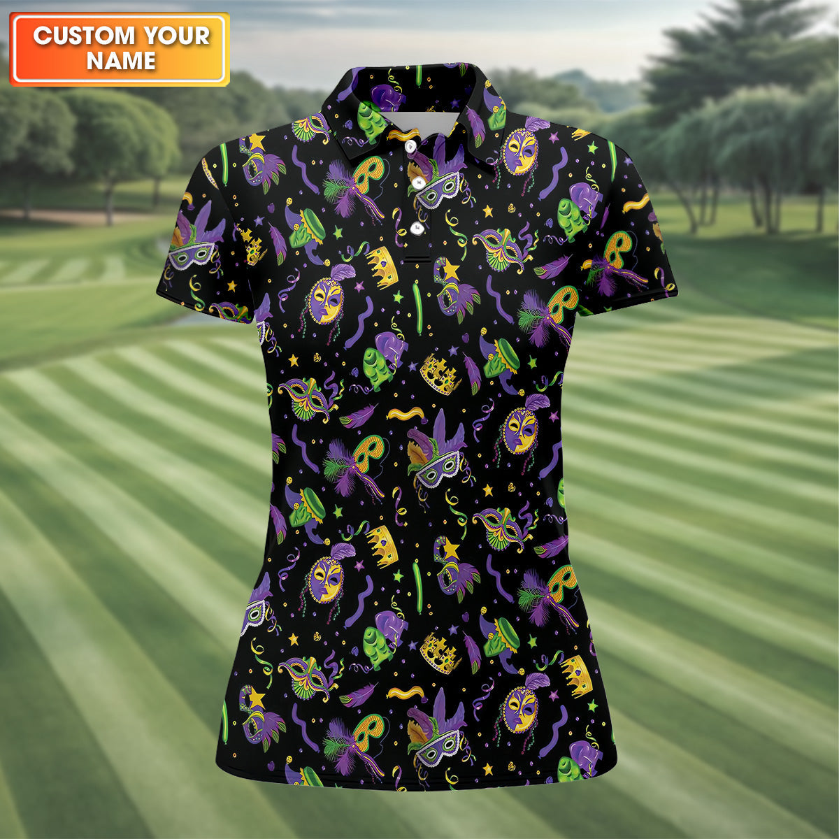 Mardi Gras Pattern Black Golf Polo ShirtLadies Sleeveless Tops, Ladies Golf Polos, Golfing Apparel