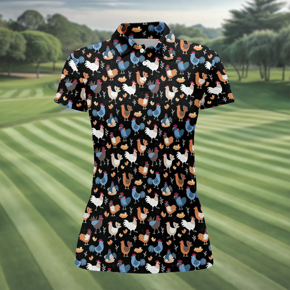 Funny Rooster Black Golf Polo ShirtFun Women's Golf Shirts, Gift For Chicken Lover, Ladies Golf Shirts