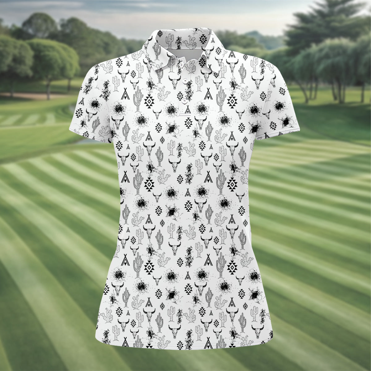 Aztec Bull Skull Western Golf Shirts Women, Women Golf Top, Ladies Golf Polos, Golfing Apparel