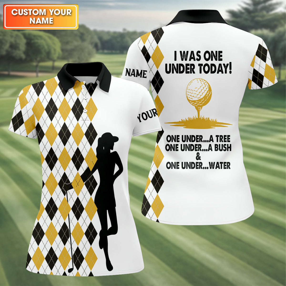 I Was One Under Today Yellow Black Argyle Fun Womens Golf Shirts, Ladies Golf Tops, Unique Gift For Golfer