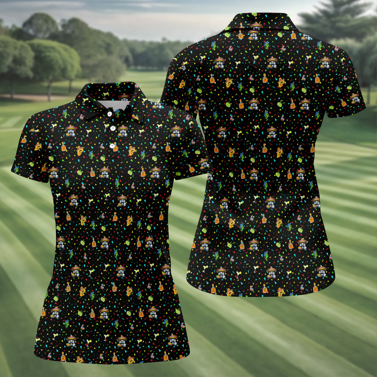 Fairway Fiesta Black Golf Polo ShirtFun Women's Golf Shirts, Ladies Golf Polos, Golfing Apparel