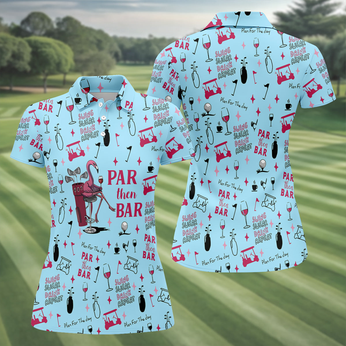 Pink And Blue Par Then Bar Flamingo Golf Shirt, Fun Women's Golf Shirts, Ladies Golf Polos