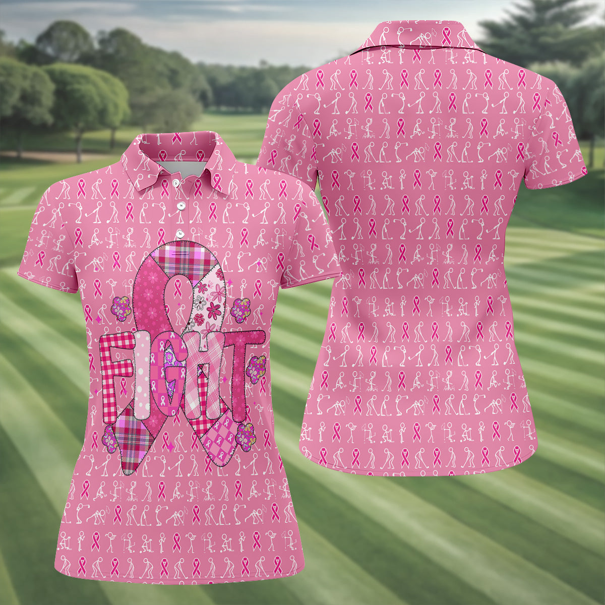 Funny Stick Figure Women's Golf Shirt, Breast Cancer Awareness Shirt, Ladies Golf Polos, Golfing Apparel
