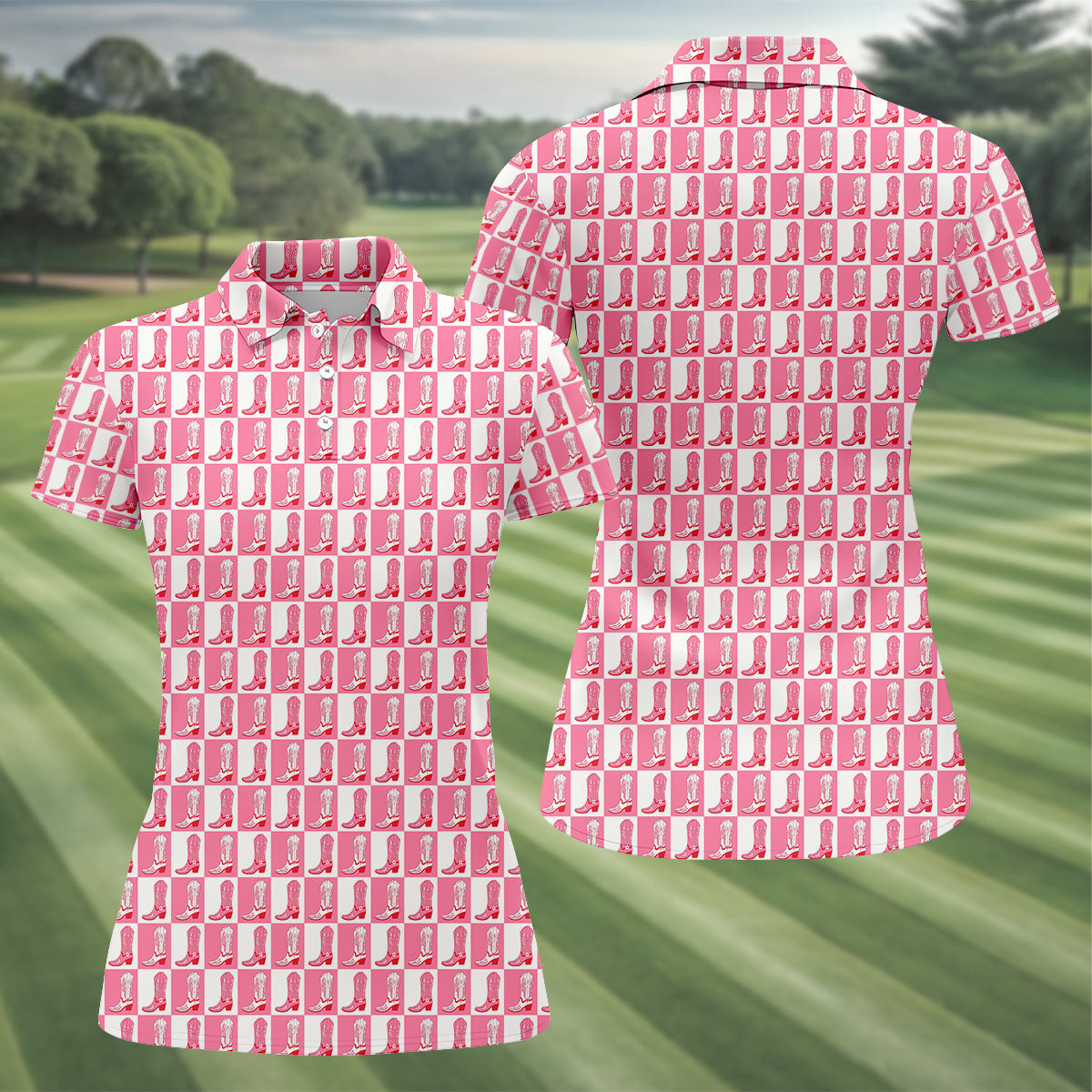 Western Cowgirl Boot Ladies Pink Golf Shirt, Western Golf Shirts Women, Ladies Golf Polos
