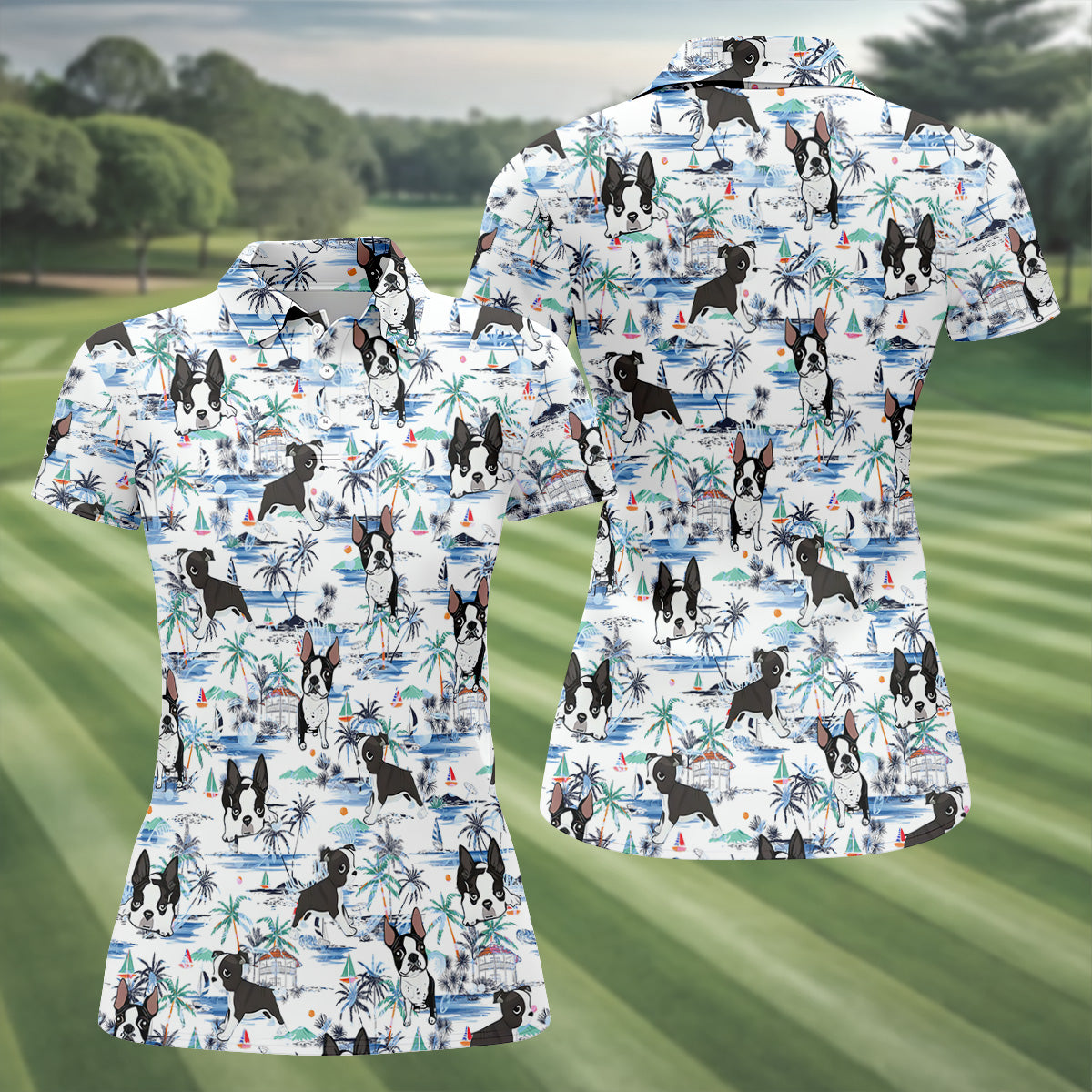 Boston Terrier Ocean Vibe White Tropical Golf Shirts, Fun Women's Golf Shirts, Gifts For Dog Lovers