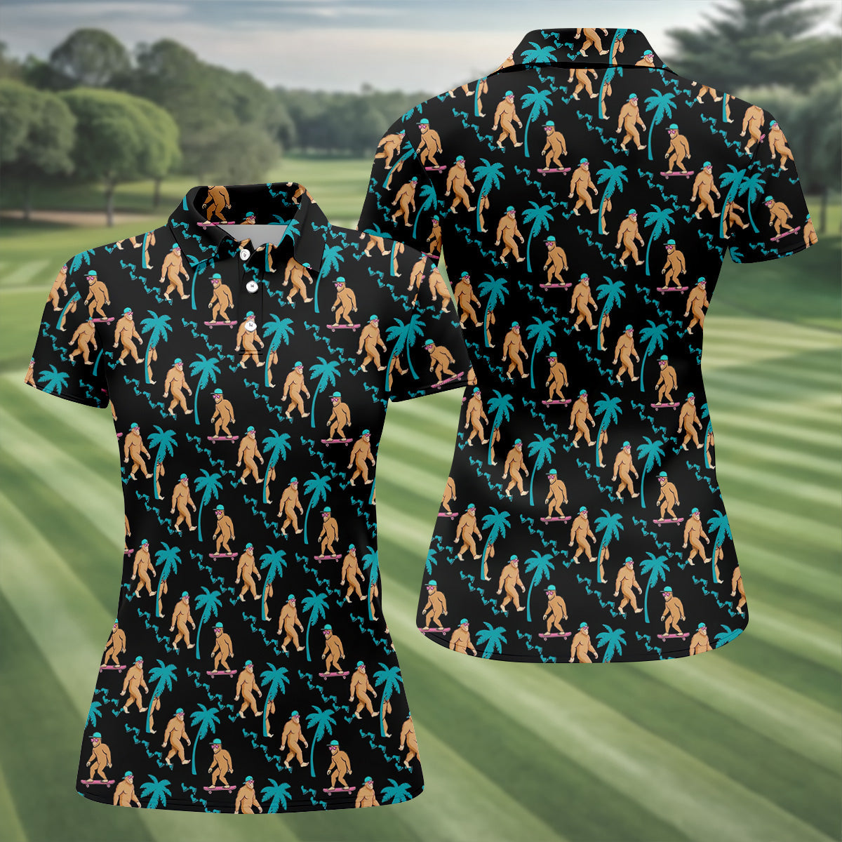 Funny Bigfoot Tropical Palm Golf Shirt, Women Golf Top, Ladies Sleeveless Tops, Women's Golf Shirts