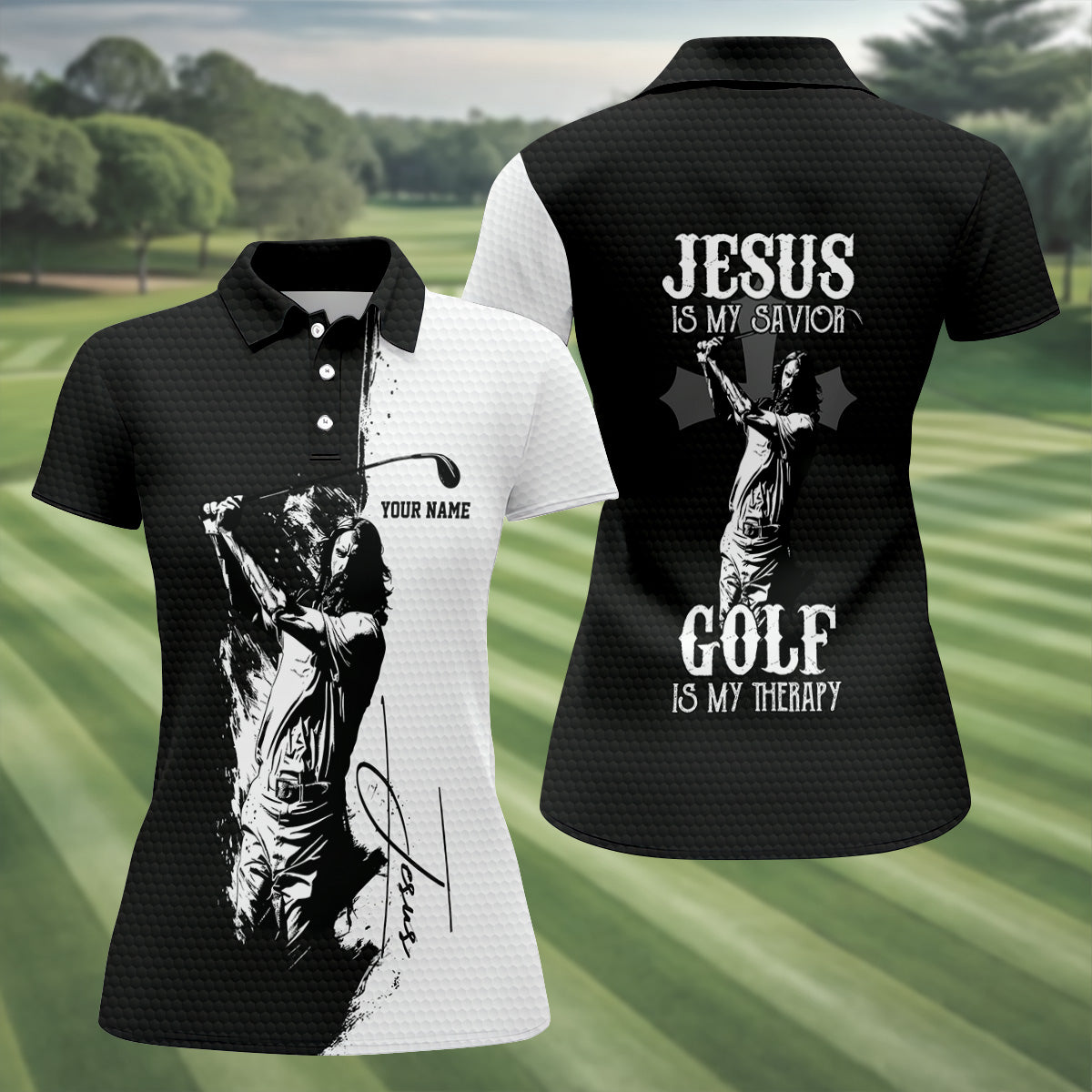 Jesus Is My Savior Golf Is My Therapy Christian Golf Shirt, Black And White Golf Polo, Ladies Golf Shirts