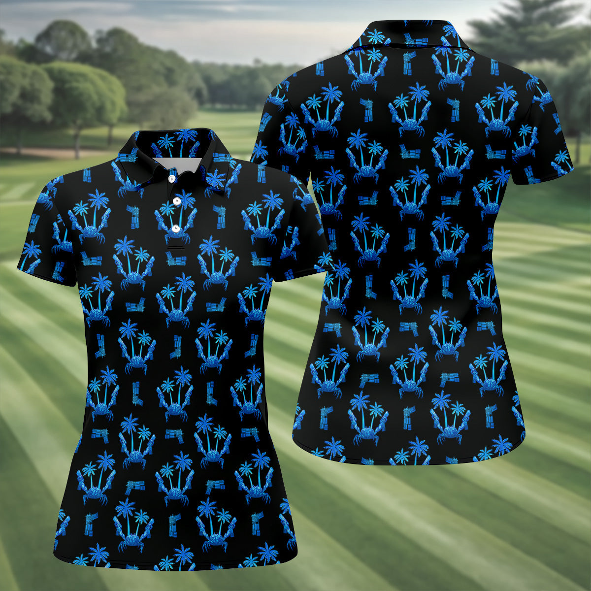 The Blue Crab Tropical Golf Shirts, Black Golf Shirt, Ladies Golf Shirts, Golf Gifts For Women
