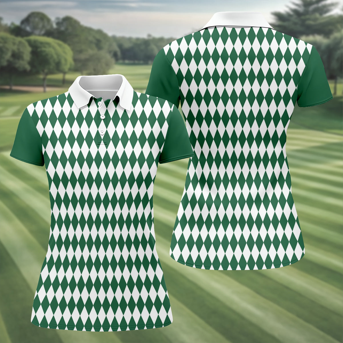 White And Green Argyle Pattern Women's Golf Shirts, Ladies Sleeveless Polo, Ladies Golf Shirts