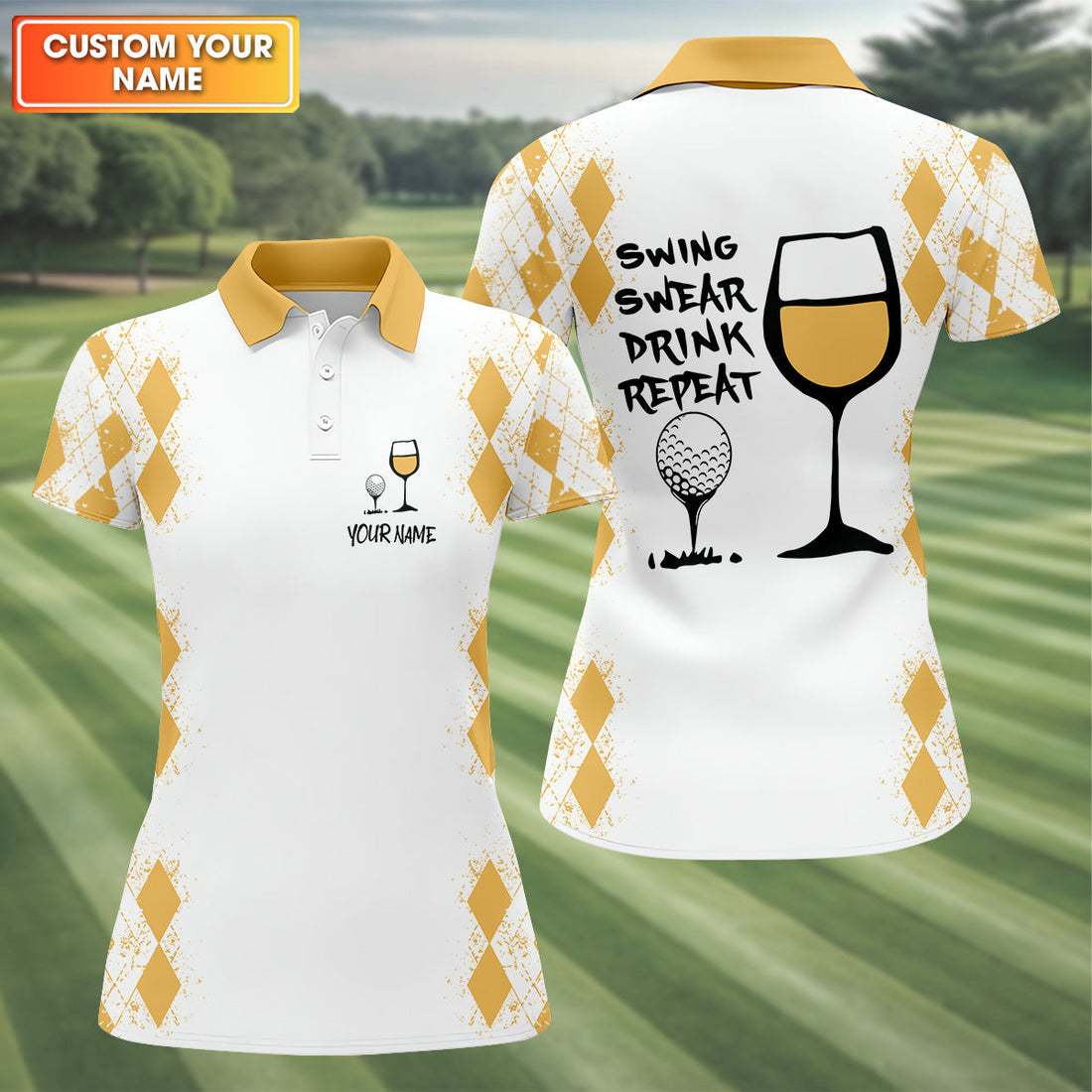 Swing Swear Drink Repeat Yellow Argyle Golf Shirt, Fun Womens Golf Shirts, White Polo Women, Ladies Golf Shirts