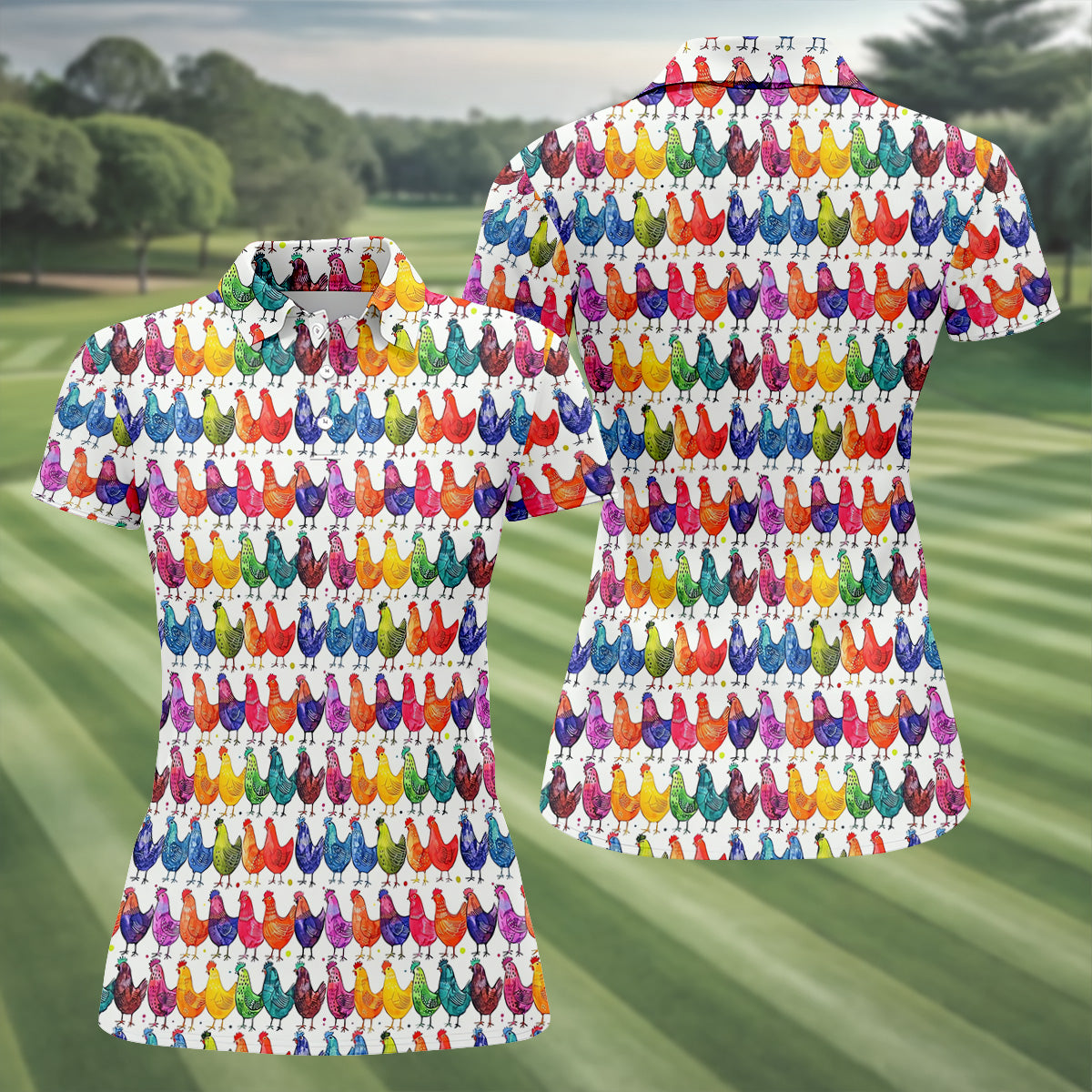Whimsical Chicken Colorful Golf Shirt, Cute Golf Outfit, White Polo Women, Ladies Golf Shirts
