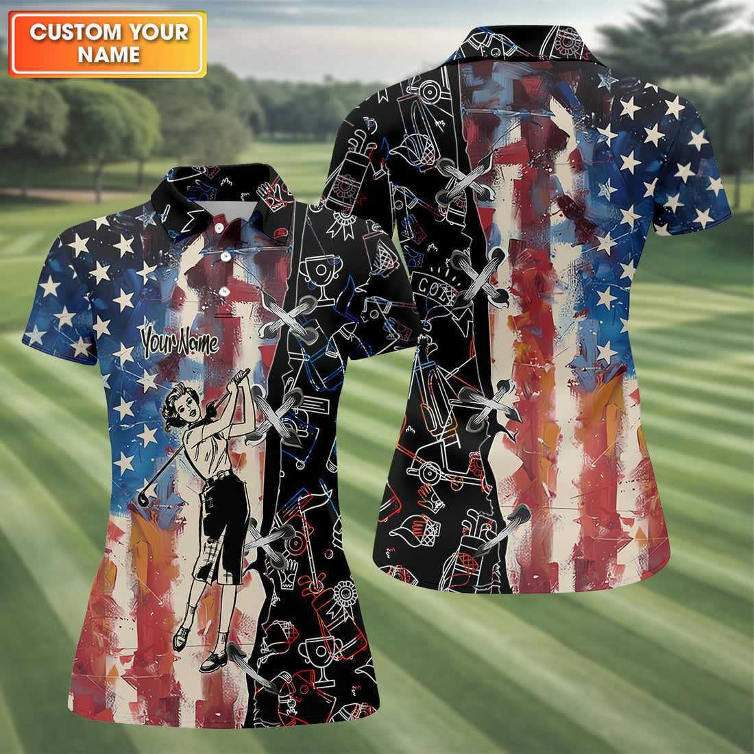 American Lady Retro Golf Shirt, Patriotic Golf Polos, Ladies Golf Shirts, Cool Golf Gift