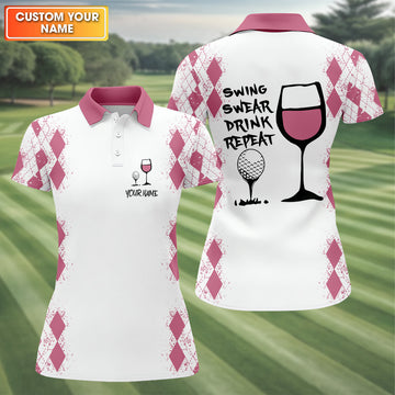 Swing Swear Drink Repeat Pink Argyle Golf Shirt, Fun Womens Golf Shirts, White Polo Women, Ladies Golf Shirts