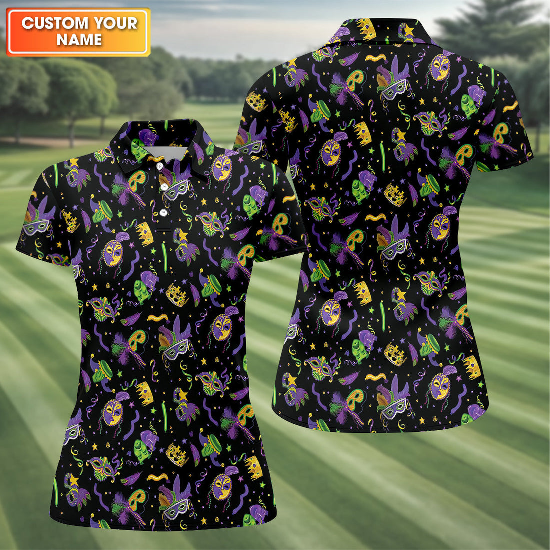 Mardi Gras Pattern Black Golf Polo ShirtLadies Sleeveless Tops, Ladies Golf Polos, Golfing Apparel