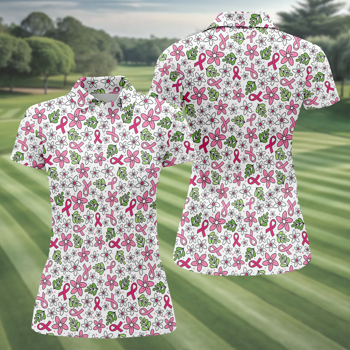 Breast Cancer Awareness Ribbon Floral Golf Shirt, Cancer Awareness Shirt, Ladies Golf Polos