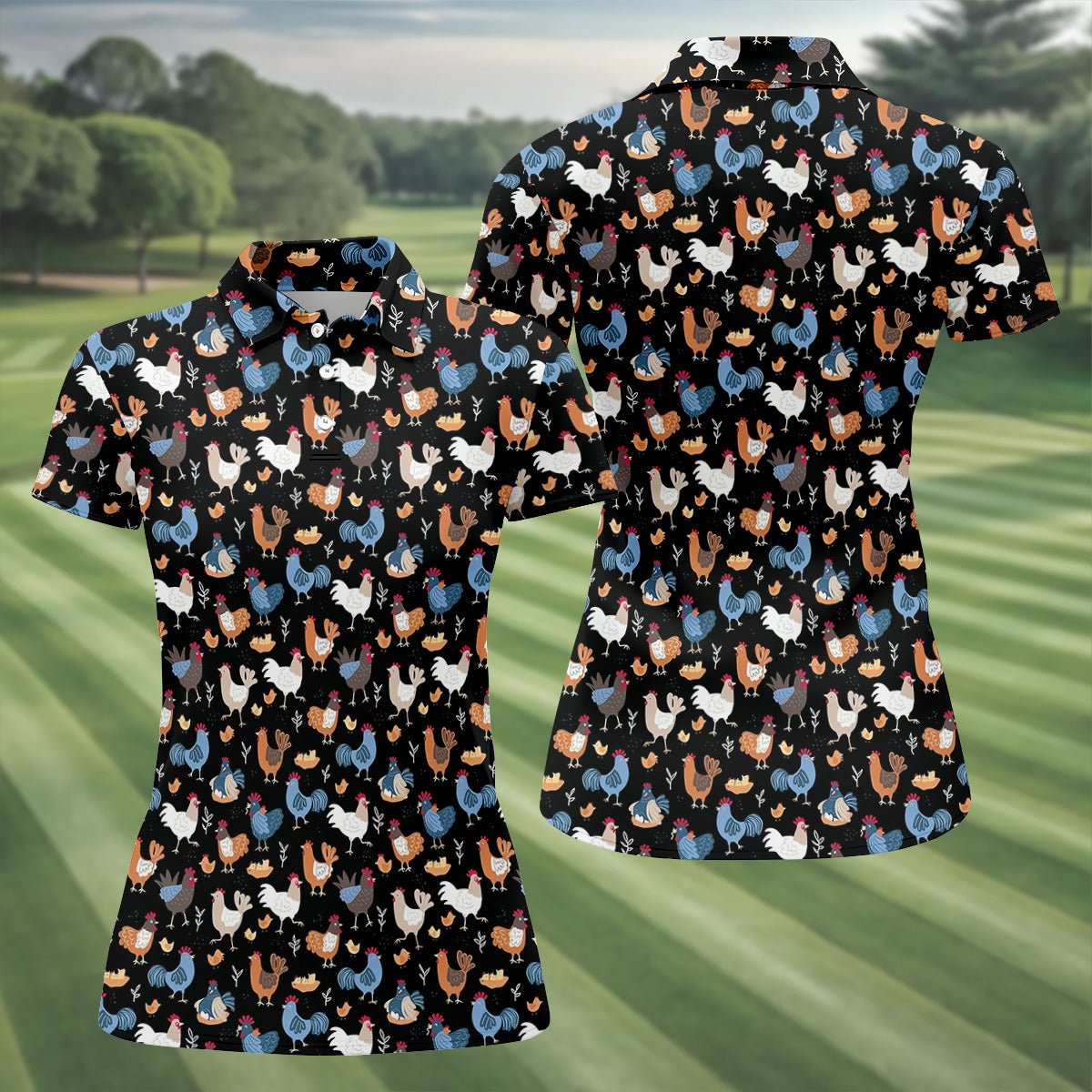 Funny Rooster Black Golf Polo ShirtFun Women's Golf Shirts, Gift For Chicken Lover, Ladies Golf Shirts