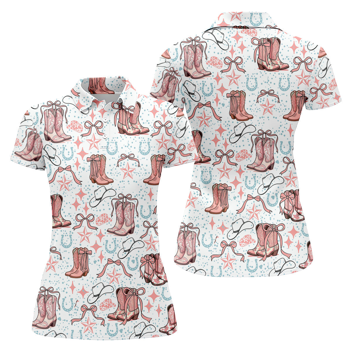 Coquette Cowgirl Boots Pink Western Womens Golf Shirts, Retro Golf Shirt, Ladies Golf Polos