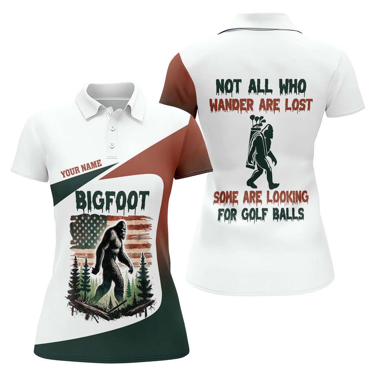 Not All Who Wander Are Lost Bigfoot Golf Shirt, Ladies Patriotic Golf Shirts, Women's Golf Tops