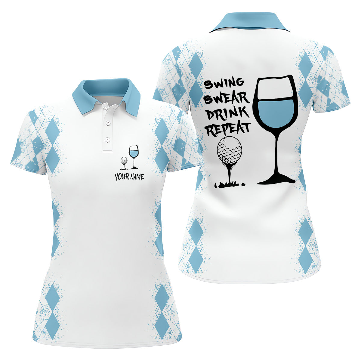 Swing Swear Drink Repeat Light Blue Argyle Golf Shirt, Fun Womens Golf Shirts, White Polo Women, Ladies Golf Shirts