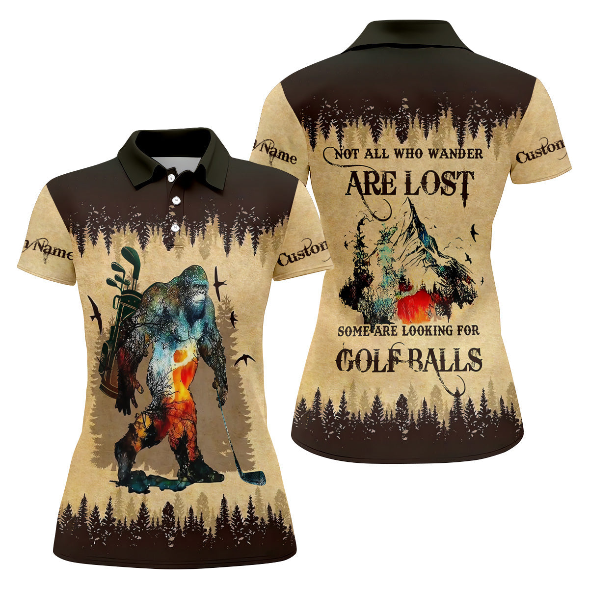 Not All Who Wander Are Lost Funny Bigfoot Brown Golf Shirt, Womens Golf Shirts, Ladies Golf Polos