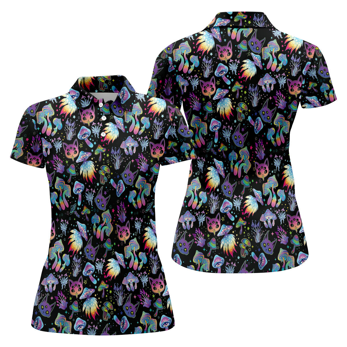 Funny Neon Cat Alien Mushroom Women Golf Shirt, Cute Golf Outfit, Ladies Golf Polos, Golfing Apparel