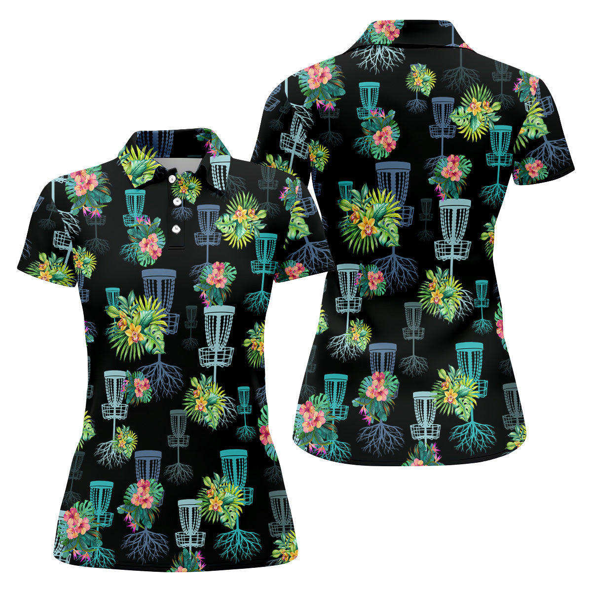 Tropical Floral Pattern Disc Golf Shirt, Black Golf Shirt, Ladies Golf Shirts, Women's Polo Shirt